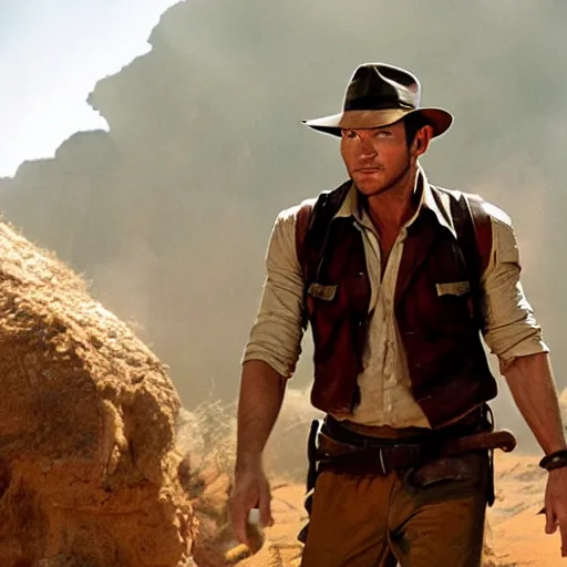 Prompt: still from the Indiana Jones movie with chris pratt, award-winning cinematography, 4k