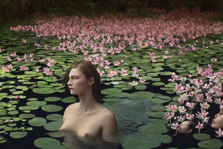 Prompt: hyperrealistic cinematic 3 d close up portrait of a woman's head and shoulders floating in a pond, detailed facial features, surrounded by a forrest of lillies, deep focus, intricate, elegant, by bill henson and gregory crewdson and james jean