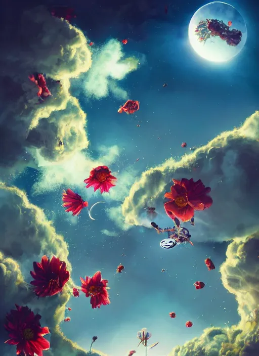 Image similar to An epic fantastic realism comic book style painting of the most beautiful flowers launched into space, bouquets, solar eclipse, fisheye, unreal 5, DAZ, hyperrealistic, octane render, dynamic lighting