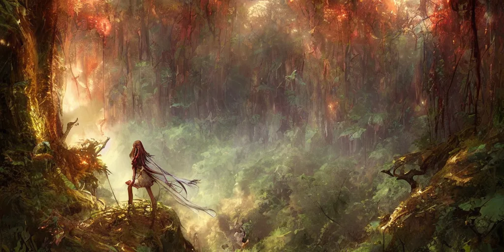 Image similar to a female angel warrior reigns on a magical forest, marc simonetti, detailed, artstation