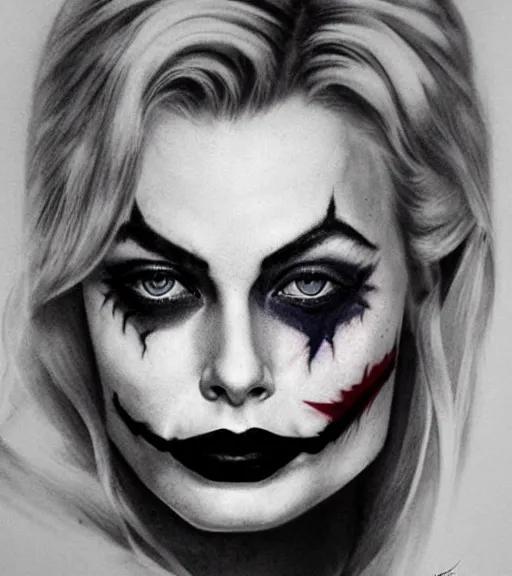 Prompt: tattoo design sketch of beautiful margot robbie portrait with joker makeup, in the style of den yakovlev, realistic face, black and white, realism tattoo, hyper realistic, highly detailed