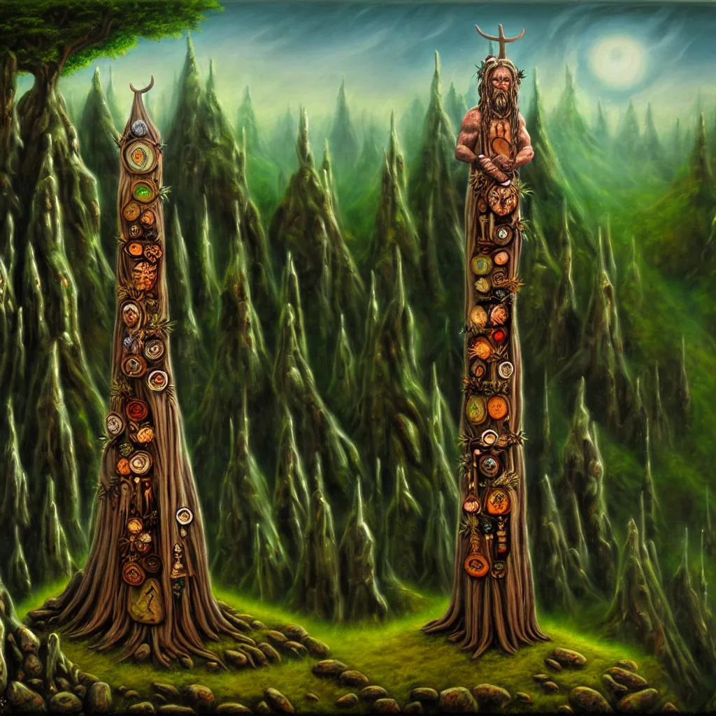 Image similar to druidic ritual, druids, wood totem, on a hill, a detailed matte painting, fantasy, depth of field, grim, dark, oil on canvas