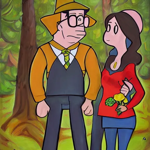 Prompt: beautiful painting, wedding couple as gravity falls, by alex hirsch, cartoon, coherent symmetrical faces