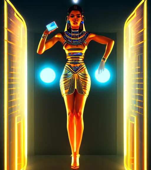 Image similar to symmetry!! egyptian queen of technology, solid cube of light, hard edges, product render retro - futuristic poster scifi, lasers and neon circuits, brown skin beautiful egyptian, queen, intricate, elegant, highly detailed, digital painting, artstation, concept art, smooth, sharp focus, illustration, dreamlike, art by artgerm