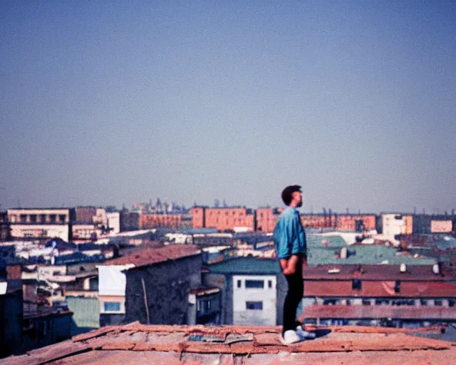 Image similar to lomo photo of man standing on the roof of soviet hrushevka, small town, cinestill, bokeh, out of focus