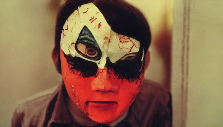 Image similar to a 7 0 s film still from a horror movie of a boy wearing a hannya mask, kodachrome, cinecolor, cinestill, film grain, film texture, retro, cinematic, high resolution, photorealism,