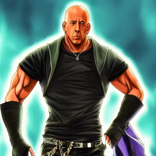 Image similar to Digital painting of Vin Diesel walking like a Italian model in JoJo\'s Bizzare Adventure anime style, latest fashion clothing from Italy, official media from JoJo\'s Bizzare Adventure, highly detailed, sharp focus, hard shadows, ArtStation, art by Hirohiko Araki