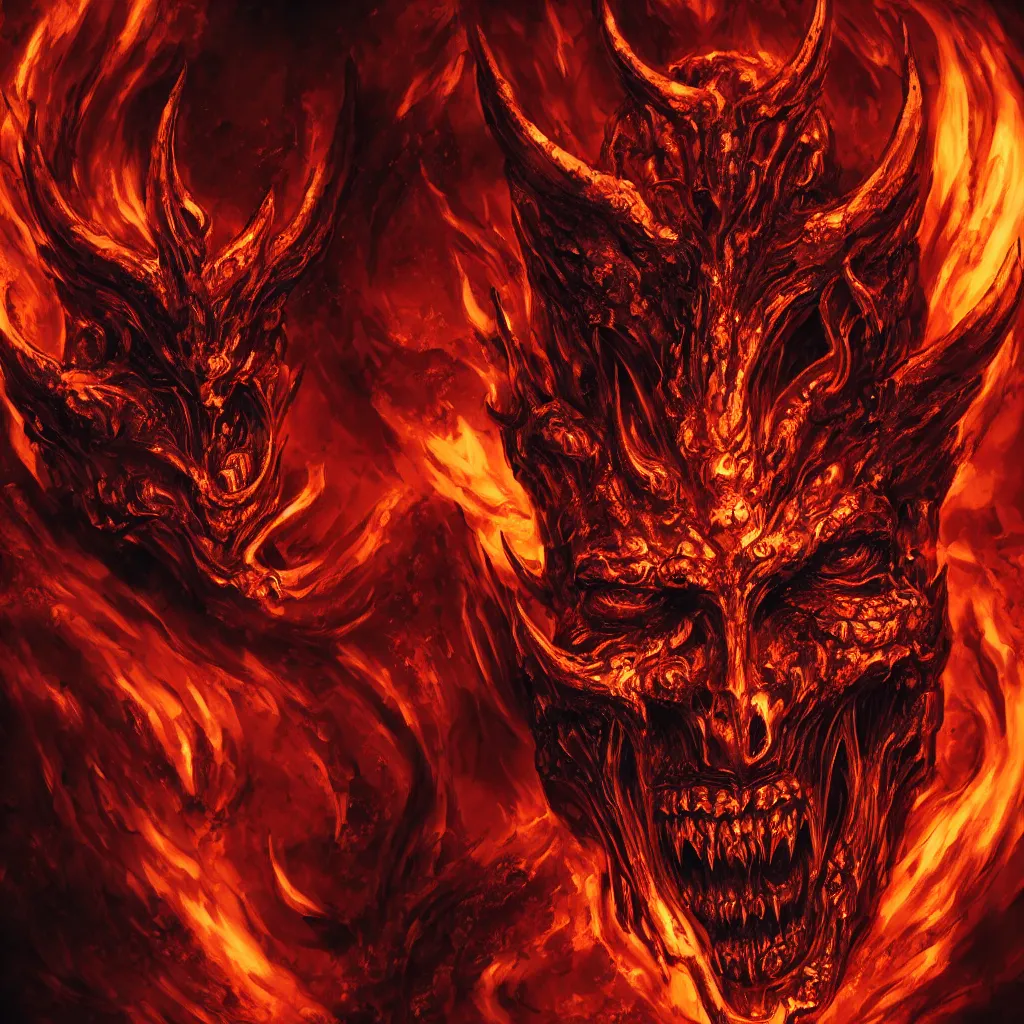Image similar to close-up macro portrait of the face of the devil engulfed in hell's fury, epic angle and pose, ornate, symmetrical artwork, 3d with depth of field, blurred background, shadow figures with skulls in the background, translucent, nautilus, energy flows of and fire evil energy. a highly detailed epic cinematic concept art CG render. made in Maya, Blender and Photoshop, octane render, excellent composition, cinematic dystopian brutalist atmosphere, dynamic dramatic cinematic lighting, aesthetic, very inspirational, arthouse. y Greg Rutkowski, Ilya Kuvshinov, WLOP, Stanley Artgerm Lau, Ruan Jia and Fenghua Zhong