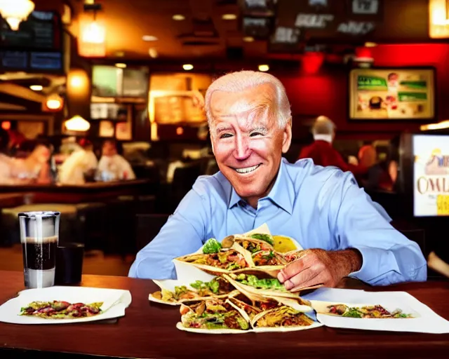 Image similar to a photo of joe biden at applebee's, asian wonton tacos, detailed face, ambient lighting, professional photography, 4 k ultra