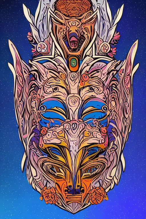 Image similar to animal mask totem roots flower tribal feather gemstone plant wood rock shaman vodoo video game vector cutout illustration vivid multicolor borderlands comics by josan gonzales and dan mumford radiating a glowing aura