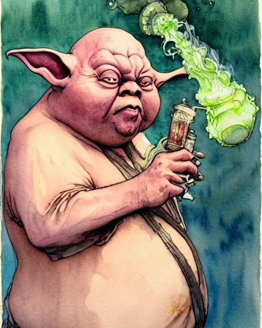 Image similar to a realistic and atmospheric watercolour fantasy character concept art portrait of a fat dirty yoda smoking a bong with pink eyes wearing a wife beater. by rebecca guay, michael kaluta, charles vess and jean moebius giraud