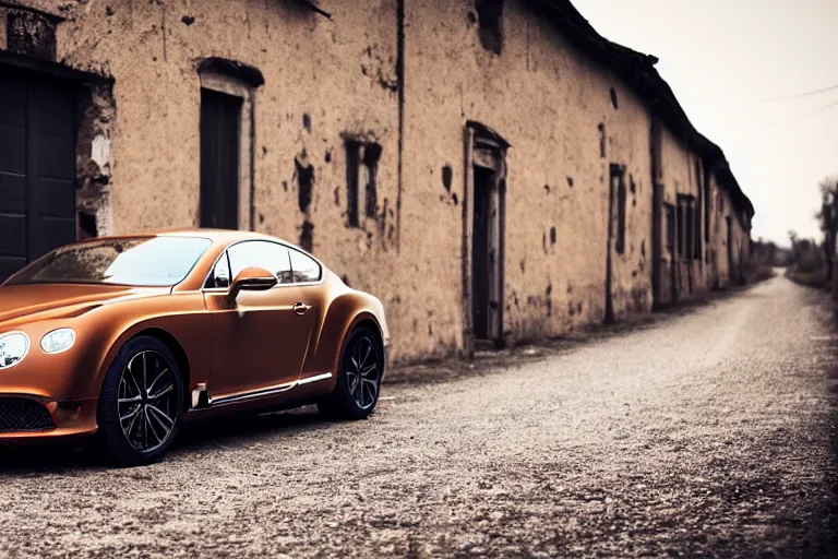 Image similar to modern rusty matte tired Bentley Continental GT without gloss no reflections drives along the road of an old Russian village with houses at the edges