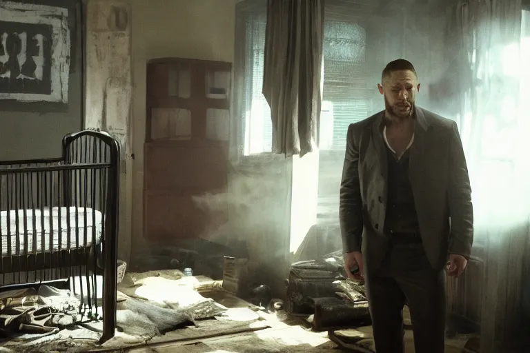 Image similar to film still of Tom Hardy as Max Payne in a dark dream next to a baby crib in the Max Payne movie, 4k