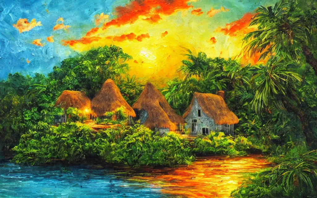 Image similar to an island with a cozy cottage, tropical forest, river, waterfall, windmill, garden courtyard, sunset, puffy clouds, oil impasto painting