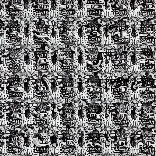 Image similar to an intricate tiled pattern of cats and dogs by mc escher, black and white painting