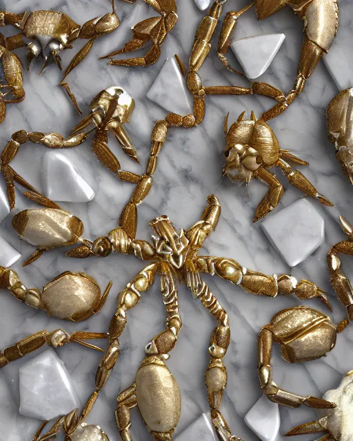 Image similar to white calacatta gold marble, white and gold kintsugi, feminine shapes, crab shapes, spider shapes, scorpion shapes, tarantula shapes, stunning, highly detailed, intricately detailed, octane, 8 k, trending on artstation