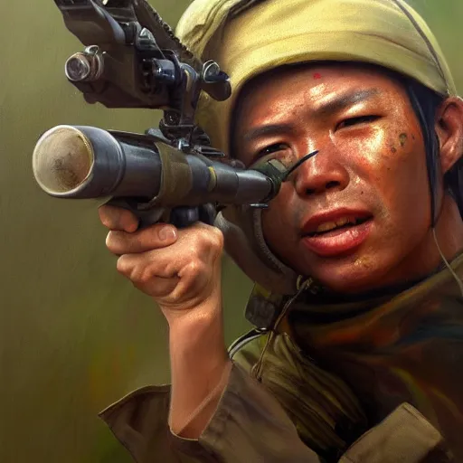 Prompt: a painting of a character fighting in the vietnam war by Mark Arian, high detail, hyperrealistic, concept art, artstation, 8k