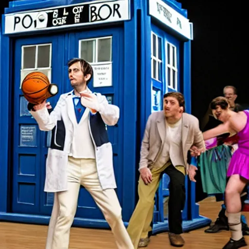 Prompt: promotional image of David Tennant as Doctor Who at a polka dancing contest at the YMCA basketball gym, everyone in the background all his enemies are clapping, in the background the Tardis door is wide open, movie still, promotional image, imax 70 mm footage, HDR, cinematic