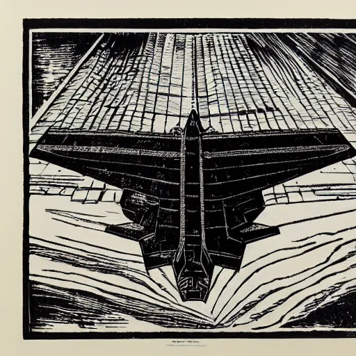 Image similar to woodcut of a b 2 stealth bomber by albrecht durer