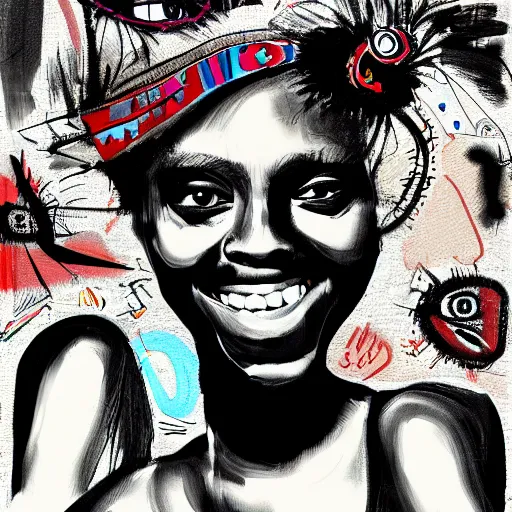 Image similar to sketch, ultra detailed, fashion, happy, beautiful woman, she smile, big beautiful eyes, surreal, in style of jean - michel basquiat, trending on artstation