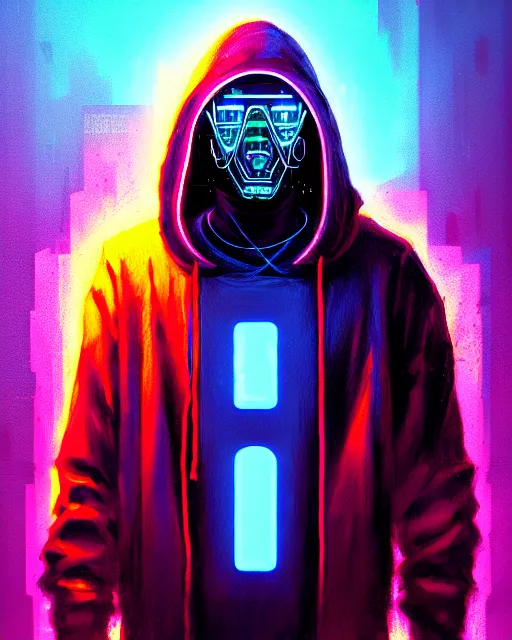 Image similar to cyberpunk synth, hyper - realistic portrait of a man in a hoodie with detailed neon mask, cyberpunk, intricate, digital painting, by atey ghailan, by greg rutkowski, by greg tocchini, by james gilleard, by joe fenton, by kaethe butcher, dynamic lighting, gradient light blue, lighting color scheme, sharp focus, grunge aesthetic