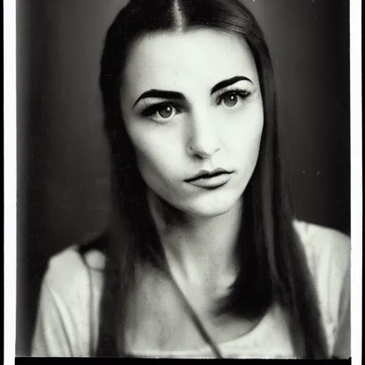 Image similar to old film photo of an atractive cool alternative bosnian woman in her early 20s. beautiful face. She has dark brown hair, dark thick eyebrows, brown eyes and shoulder long hair.