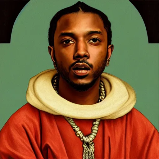 Image similar to a renaissance style portrait painting of kendrick lamar