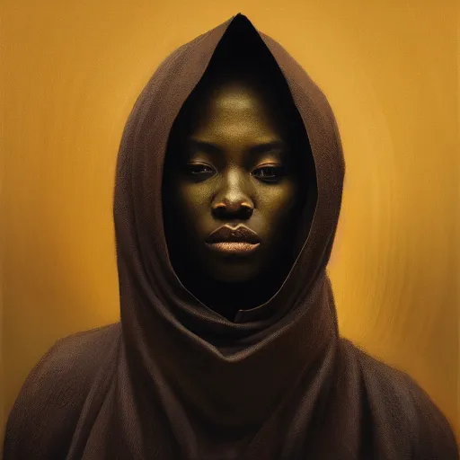 Image similar to a portrait of a young black woman wearing a long dark cloak, hood and shadows covering face, anatomically correct, beautiful perfect face, enigmatic, oil painting, matte painting, black background, Volumetric Golden dappled dynamic lighting, Highly Detailed, Cinematic Lighting, Unreal Engine, 8k, HD, by Beksinski