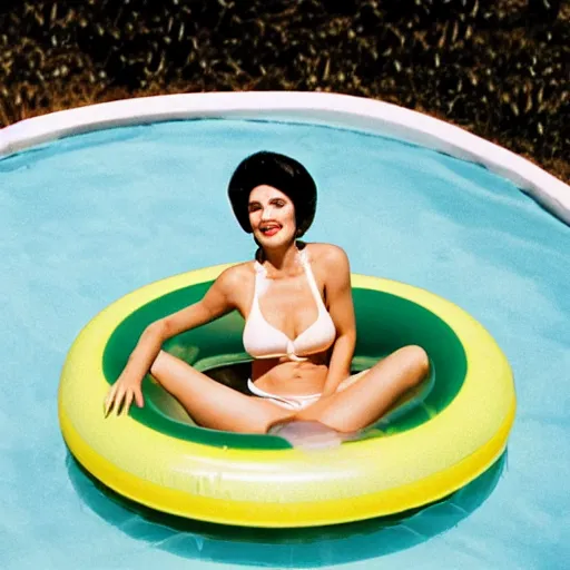 Image similar to Beautiful woman with retro hair and makeup floating in a circular inflatable plastic raft, in a luxurious pool, overhead shot, fuzzy polaroid photograph, 1970s