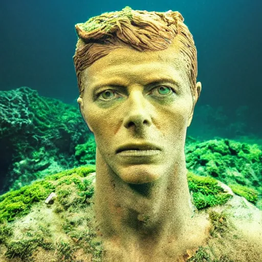 Prompt: Award-winning photograph by Mar Mann. The photo depicts a decaying roman bust of David Bowie overgrown with moss at the bottom of the sea in the middle of ruins of civilization. Minimalism, high definition, perfect composition. Deep sea picture. Very dark. Volumetric Lighting. Fish. Darkness. Ruins