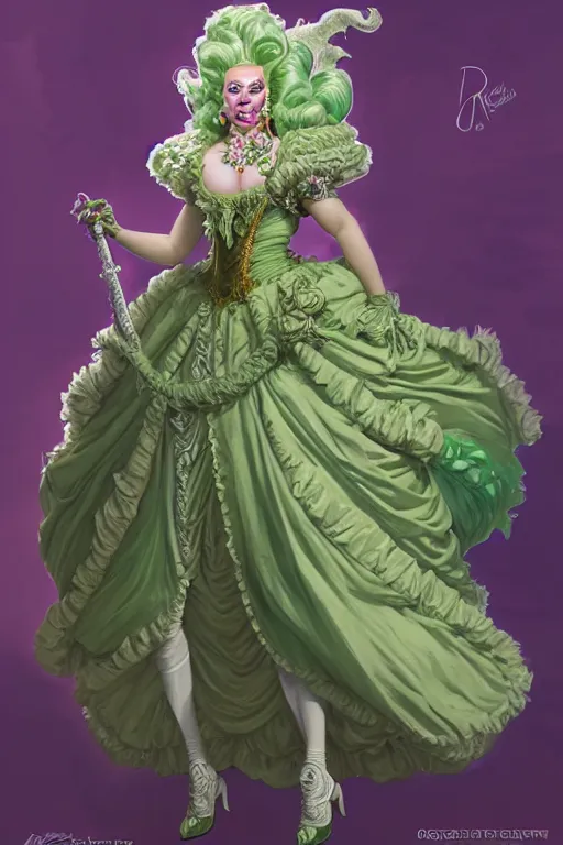 Prompt: d&d character artwork of a green-skinned orc drag queen wearing a frilly rococo ballgown and wearing a huge rococo powdered wig, rococo fashion, D&D, fantasy, highly detailed, digital painting, artstation, smooth, sharp focus, illustration, art by artgerm and greg rutkowski and alphonse mucha