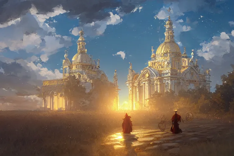 Image similar to an mobile ornate baroque church with chain wheels, scene in an open field. key visual, conceptart, ambient lighting, highly detailed, digital painting, artstation, concept art, sharp focus, by makoto shinkai and akihiko yoshida and greg manchess