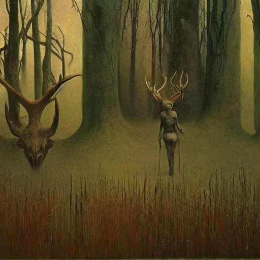 Prompt: forest god walking in the swamp, antlers and flesh exposed, giant horns, resembling deer, highly detailed beksinski art