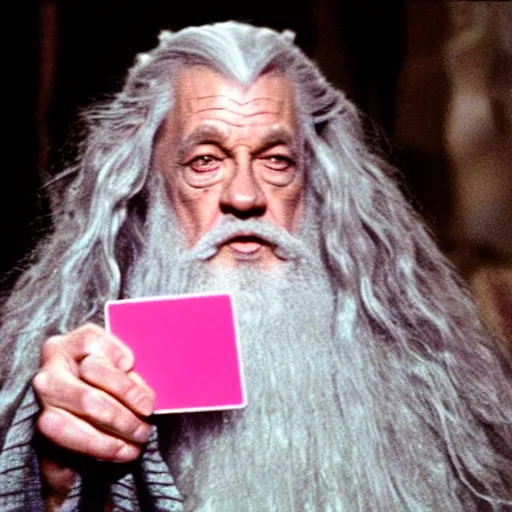 Image similar to portrait of gandalf wearing a large pink hair bow, holding a blank playing card up to the camera, movie still from the lord of the rings