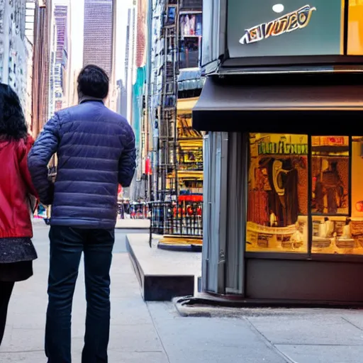 Prompt: <photo hd dslr location='New York City'>Two people in front of a store</photo>