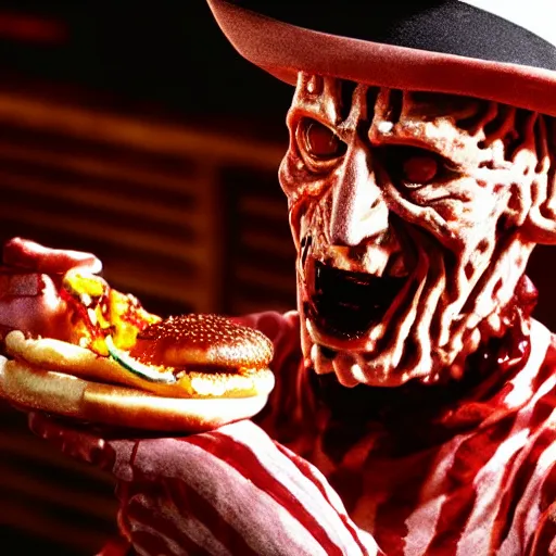 Prompt: A still of Freddy Krueger eating a burger, 4k, photograph, ultra realistic, highly detailed, studio lighting