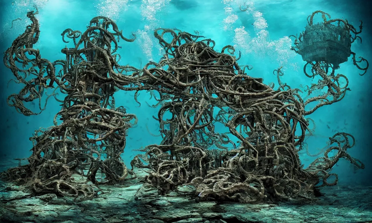Prompt: an underwater scene of kraken building a castle, photography by alex mustard