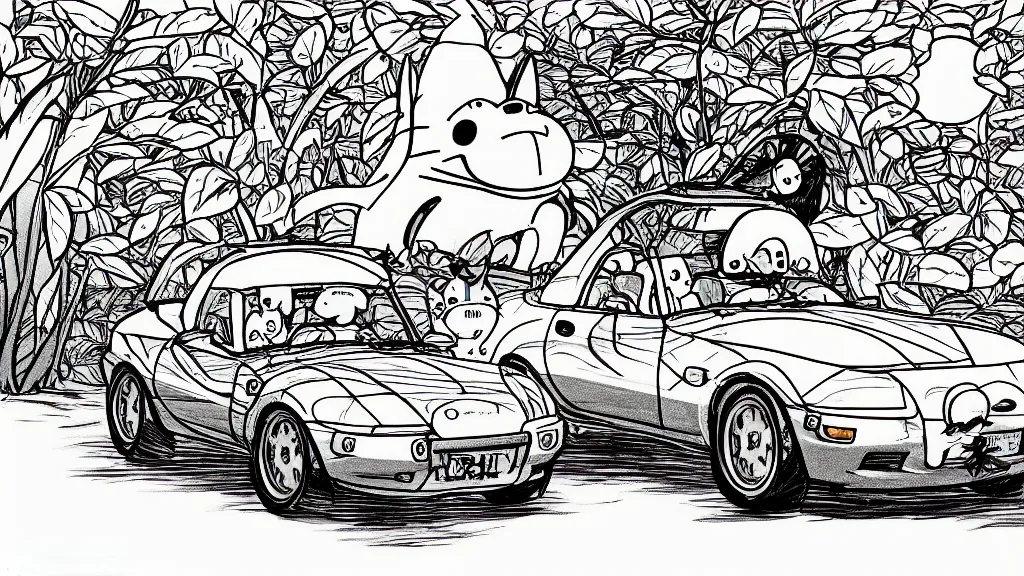 Image similar to 1 9 9 0 mazda miata in the style of my neighbor totoro, anime, detailed lines