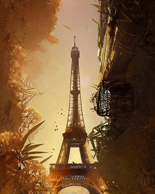 Image similar to eiffel tower made of weed leaves, clear sky, scifi character portrait by greg rutkowski esuthio craig mullins
