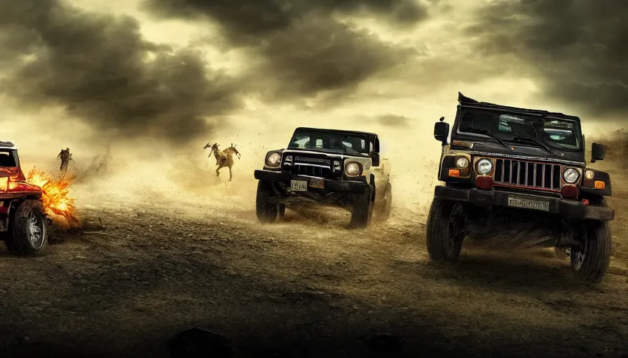 Prompt: Mahindra thar, tribe members attacking, furious action scene, Chase, an epic fantasy, dramatic lighting, cinematic, establishing shot, extremely high detail, photorealistic, cinematic lighting, artstation, by christopher nolan, horizon forbidden west