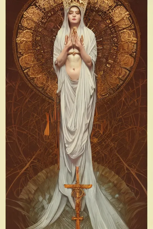 Image similar to a full body portrait of a beautiful ethereal delicate suzerain mage queen meditative sacral pose catholic stages of the cross, intricate, elegant, highly detailed, digital painting, artstation, concept art, smooth, sharp focus, illustration, art by krenz cushart and artem demura and alphonse mucha