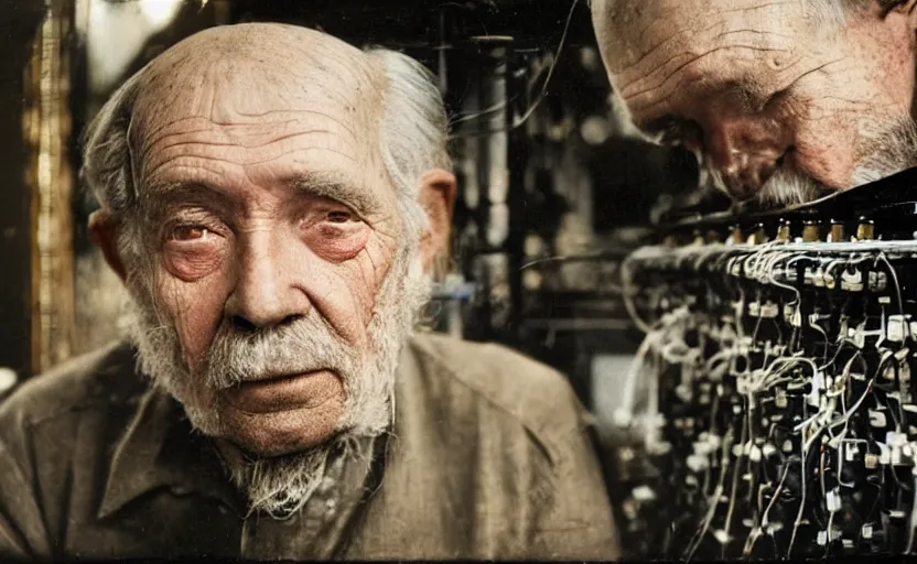 Image similar to movie still close-up portrait of an 19th century elderly man working on a 1880s supercomputer in a victorian house, by David Bailey, Cinestill 800t 50mm eastmancolor, heavy grainy picture, very detailed, high quality, 4k, HD criterion, precise texture and facial expression