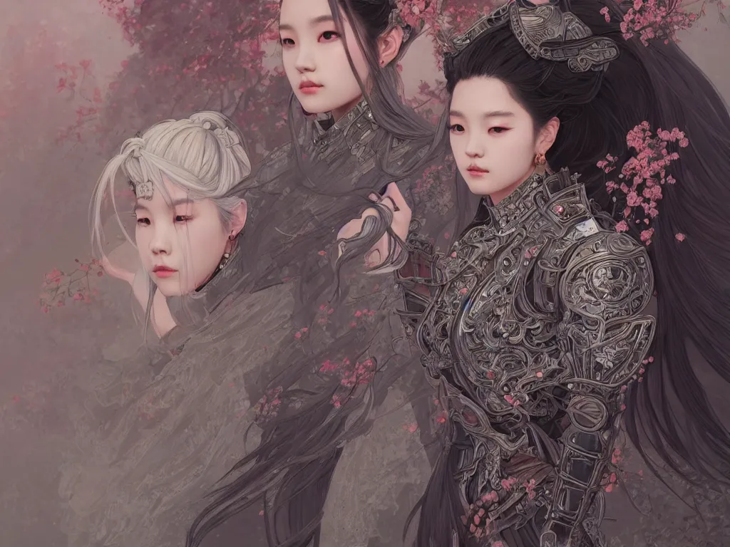 Prompt: portrait jisoo blackpink, grey hair armored samurai clothes, inside fire japanese temple, ssci - fi and fantasy, intricate and very very beautiful and elegant, highly detailed, digital painting, artstation, concept art, smooth and sharp focus, illustration, art by tian zi and wlop and alphonse mucha