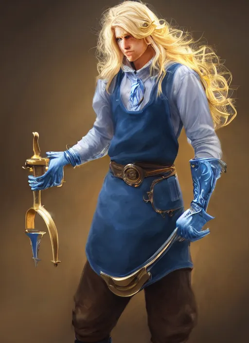 Image similar to a highly detailed illustration of long wavy bright blonde haired effeminate boy wearing blue blacksmith apron and iron mechanical arms, blue eyes, dramatic smiling pose, intricate, elegant, highly detailed, centered, digital painting, artstation, concept art, smooth, sharp focus, league of legends concept art, wlop