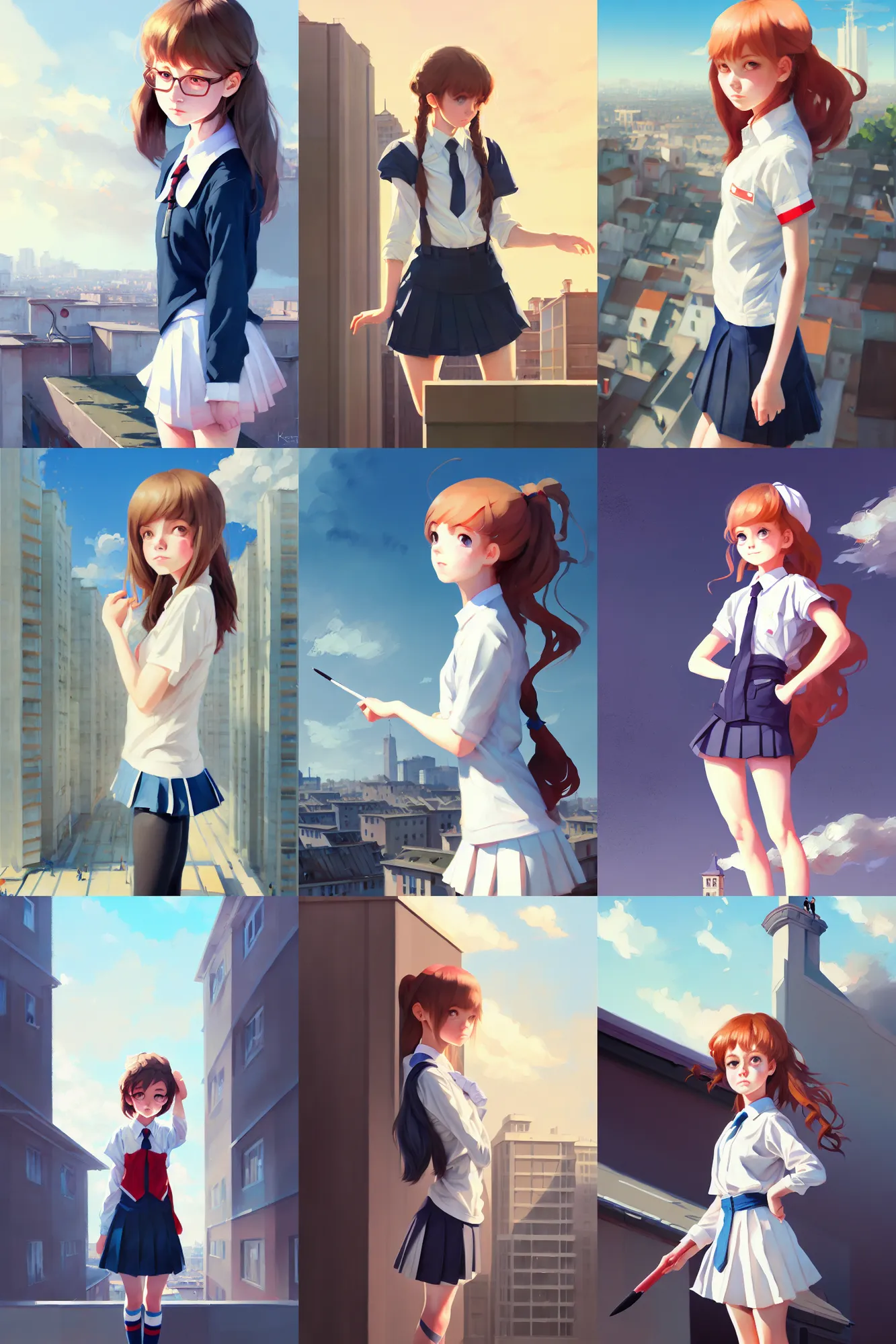 Image similar to gouache of a cute girl wearing school uniform standing on the edge of the roof of a tall building, delicate face, 8 k wallpaper, strong brush stroke, very high detailed, sharp focus, illustration, morandi color scheme, art station, by krenz cushart