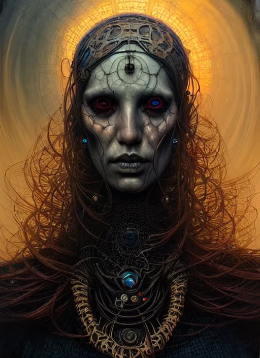 Prompt: portrait of necromancer, hyper detailed masterpiece, dystopian background, jean giraud, digital art painting, darkwave goth aesthetic, lovecraftian, artgerm, donato giancola and tom bagshaw