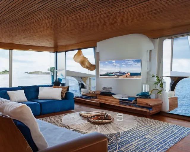 Prompt: A modern living room in the middle of the ocean, a luxurious wooden coffee table with large seashells on it, A huge television, amazing detail, 8k resolution, blue color, calm, relaxed style, harmony, wide angle shot