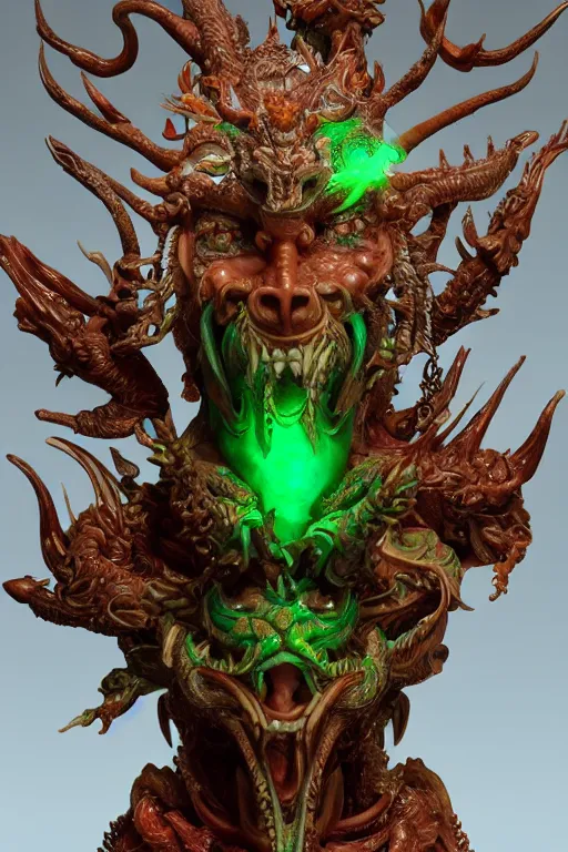 Image similar to a closeup portrait photo, alabaster and jade real delicate ceramic porcelain sculpture of an ornate detailed humanoid dragon demon devil god in front of an intricate background by rafael, micro detail, backlit lighting, subsurface scattering, translucent, thin porcelain, emerald, flames, amber, octane renderer, colorful, physically based rendering, trending on cgsociety