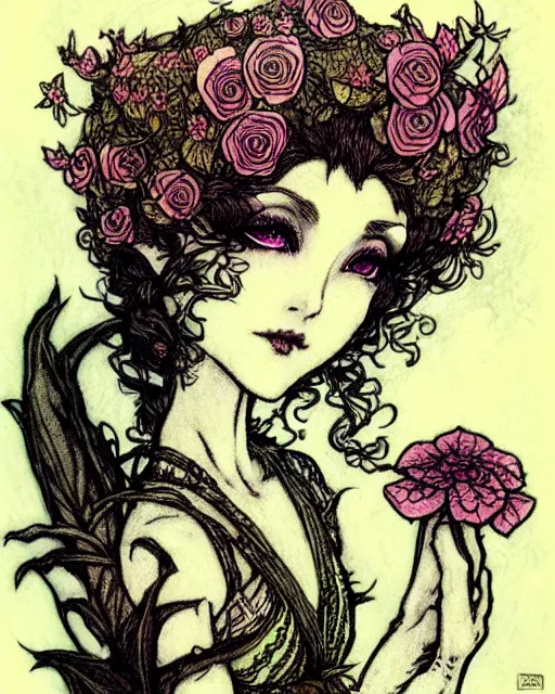 Prompt: burlesque elf, flowers in hair, fantasy character portrait, ultra realistic, concept art, intricate details, art nouveau, japanese woodblock, cinematic, highly detailed by arthur rackham