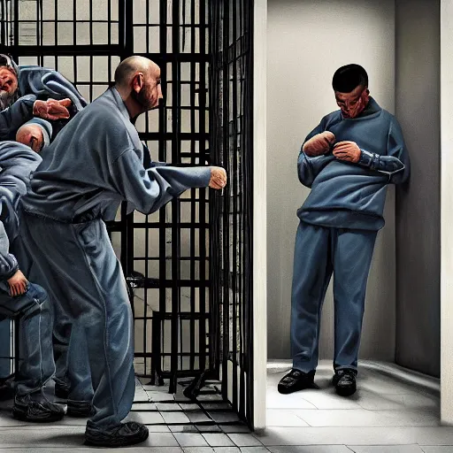 Image similar to hyperrealism painting of prisoners scheming in prison cell to escape prison while guards distracted